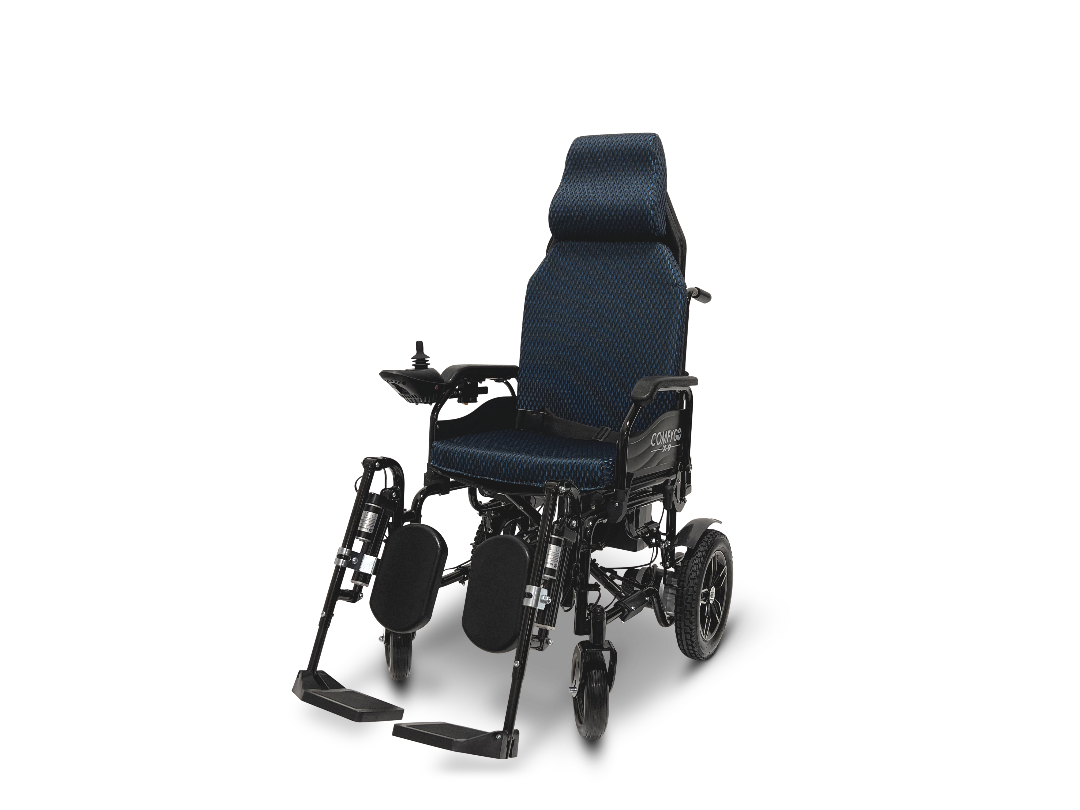 The ComfyGo X-9 Remote Controlled Powerchair offers a black and blue design with padded seating, an automatic reclining backrest, and adjustable footrests. It features a joystick on one armrest and four wheels for smooth mobility.